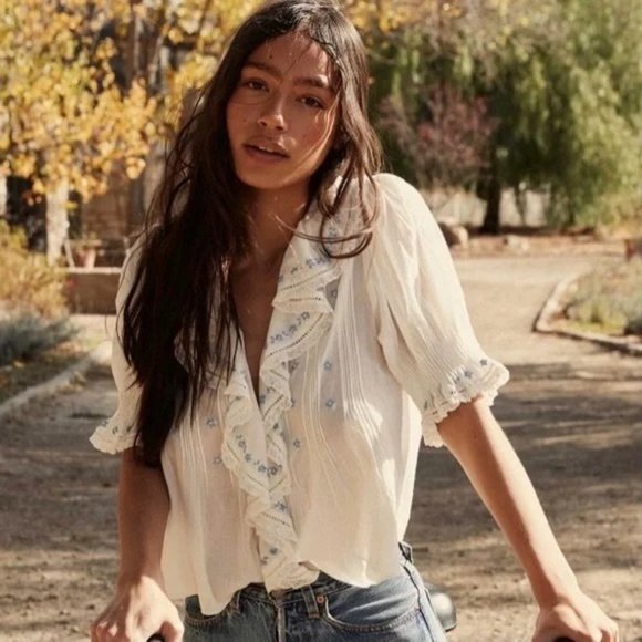Doen Tops - Doen Hettie Embroidered Top in Salt Blue XL